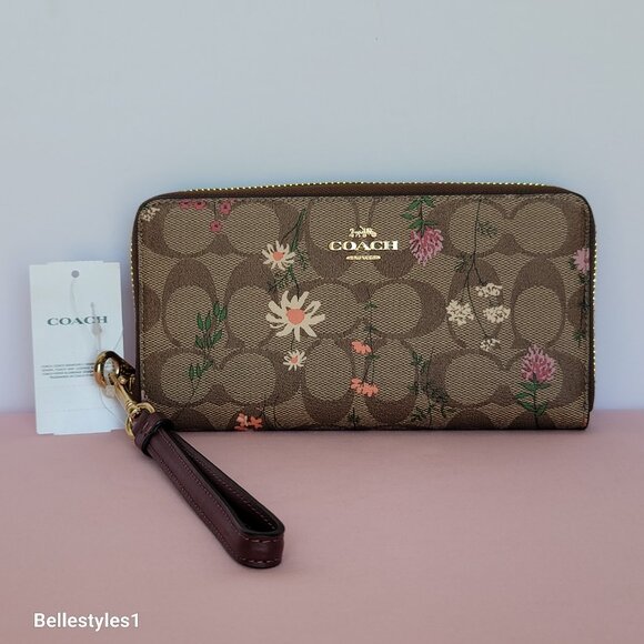 COACH Signature Canvas With Wildflower Print Zip-Around Wallet/Wristlet-Khaki M - Picture 6 of 16